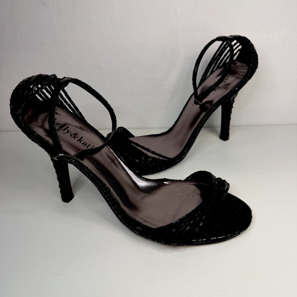 Kelly & Katie brand black‎ strappy high-heeled sandals with a textured finish. 8